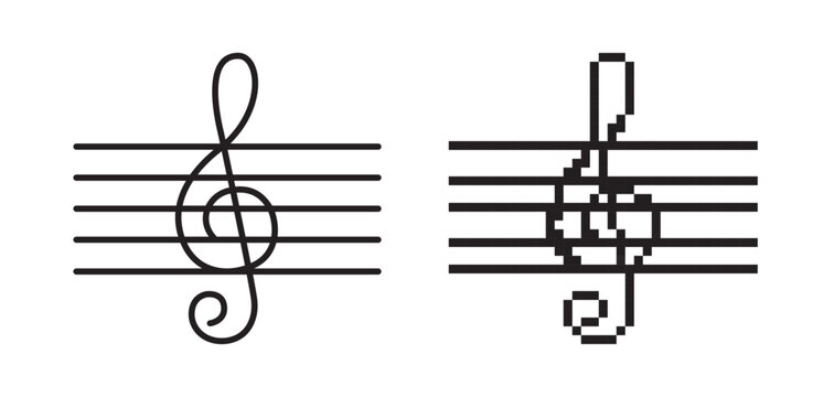 Minimalist icon set of treble clef on five-line musical staff. Linear vector sign with editable stroke and pixel art 8-bit version. Black isolated G-clef symbols on white background.