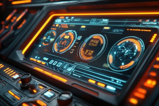 A control panel with holographic gauges and dials for futuristic operations