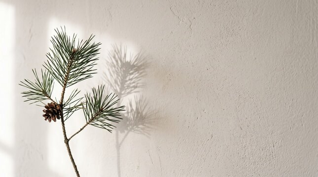 Textured Minimalist Background With Pine Branch And Cone Casting Shadows On A Concrete Wall