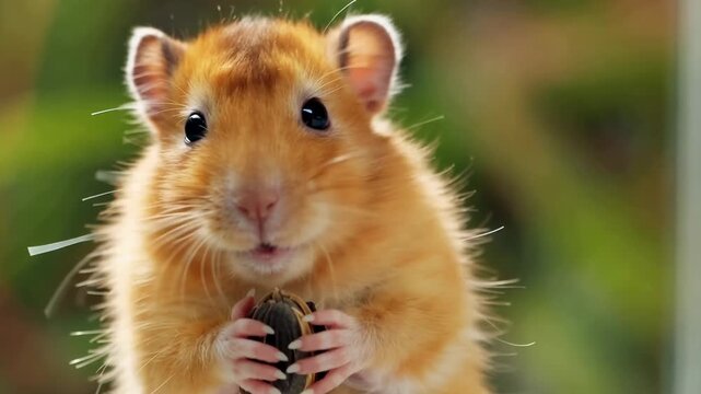 Golden hamster holds small shell while standing in clear enclosure, surrounded by blurred greenery, showcasing its curious expression and fluffy fur