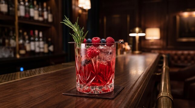 Elegant red berry cocktail served in a crystal glass on a vintage bar counter.