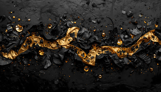A dark and dramatic background with a golden wavy line amidst black debris and scattered gold particles