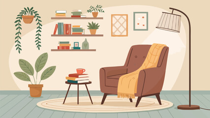 Fototapeta premium Warm cozy reading nook with bookshelves with depicts serene indoor corner featuring plush armchair draped soft throw stylish floor lamp tranquil reading atmosphere