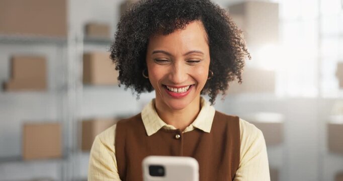 Laugh, woman and phone in small business for logistics, funny delivery request or shipping joke. Supply chain, mature owner and happy with mobile for comic courier chat, distribution meme or texting