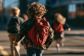 Naklejka premium Schoolchildren with backpacks running outdoors for back to school education concept