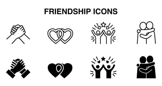 Friendship and togetherness vector icon set featuring handshakes, interlocking hearts, and hugging people in line and filled styles for UI design.