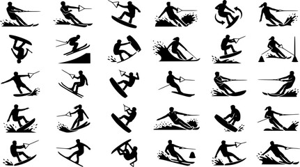 Fototapeta premium Jet Ski & Watercraft Silhouette Icon Set. Collection of water sports & diving silhouettes, including jet ski, watercraft, water vehicle, recreation, and more.