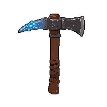 Pixel art axe with a glowing icy pickaxe head, a tool for mining or combat in a fantasy game