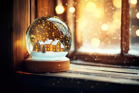 The snow globe sat on the wooden shelf with tiny winter houses for a merry christmas and xmas holiday card