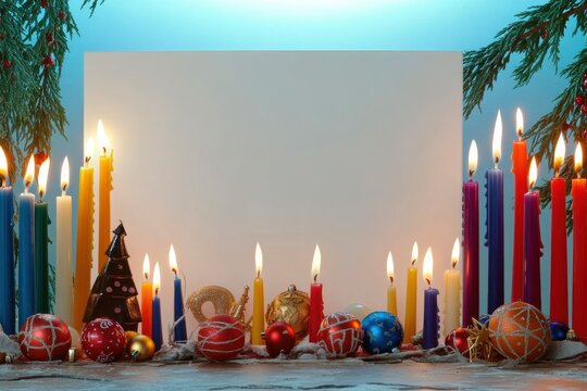 Hanukkah candles and festive dreidels with spruce branches on a dark background for religious celebration