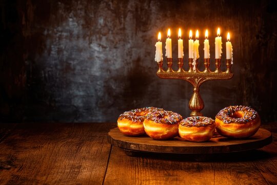Traditional jewish holiday hanukkah menorah with lit white candles and sweet donuts on a wooden table