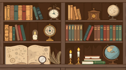 Vintage wooden bookshelf filled with antique books with showcases intricately illustrated globes scholarly accessories accessories warm nostalgic © Ubaid