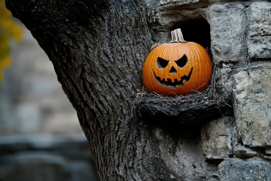 Halloween spooky carved pumpkin jack o lantern hanging on a creepy dark tree branch in a mystical forest
