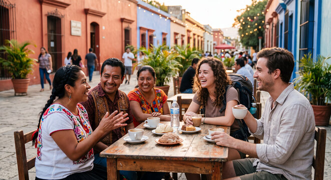 Travelers interacting with locals enjoying coffee outdoors