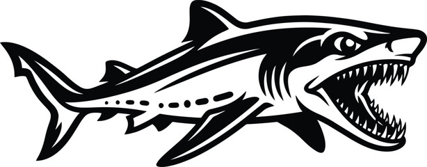 Fototapeta premium Aggressive Shark Predator Swimming Mascot Vector Illustration for Sports Branding, Marine Conservation & Apparel Design (EPS)