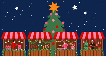 Naklejka premium Vintage wooden Christmas market kiosks at night holiday stall