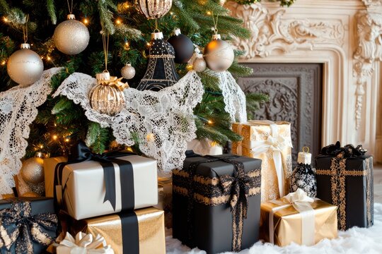 Decorated christmas tree with gift boxes and blank vertical color frame mock up on wall background
