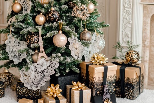 Decorated christmas tree with gift boxes and blank vertical color frame mock up on wall background