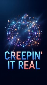 Halloween constellation sphere with text creepin it real on a dark blue cosmic background