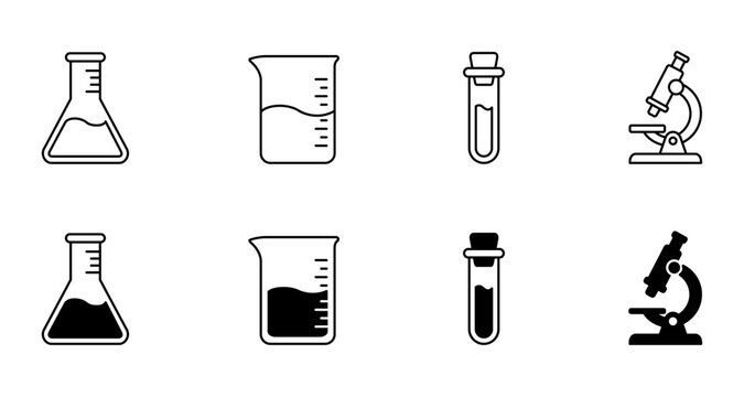 Science laboratory equipment icon vector set featuring chemistry flask, beaker, test tube, and microscope in outline and solid styles.