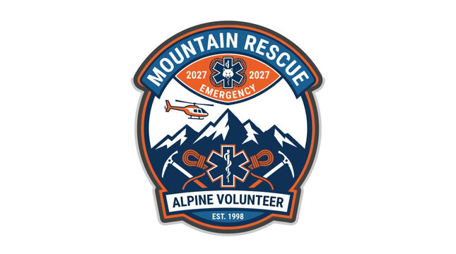Mountain Rescue Volunteer Emblem with Helicopter and Peaks