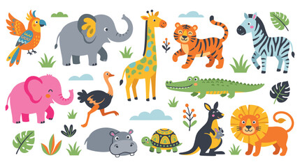 Naklejka premium Cute cartoon animals in a playful jungle setting for kids.