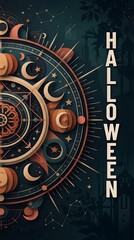 Fototapeta premium Mystical halloween design with crescent moons stars and geometric shapes dark teal and orange vector illustration