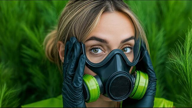 Woman wearing gas mask in front of green plants during daytime in a garden setting
