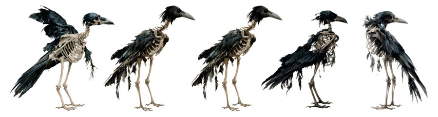 Naklejka premium Skeleton crows standing in a row, featuring exposed bones and sparse dark feathers, creating a spooky atmosphere for halloween and horror concepts