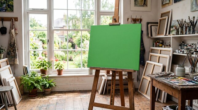 Empty green screen canvas on easel in sunny artist studio.