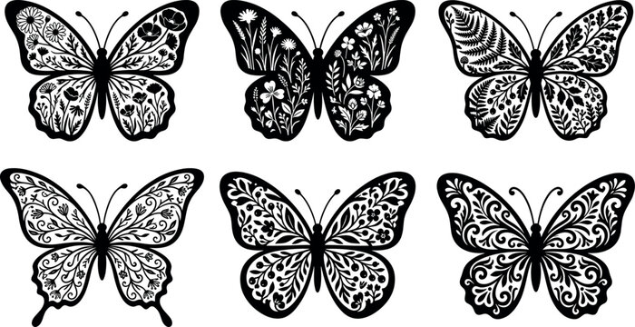 Ornate butterfly silhouette vector bundle featuring detailed botanical wings filled with wildflowers daisy blossoms fern leaves and swirling flourish patterns
