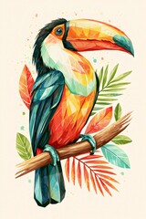 Naklejka premium Colorful geometric toucan perched on branch tropical illustration