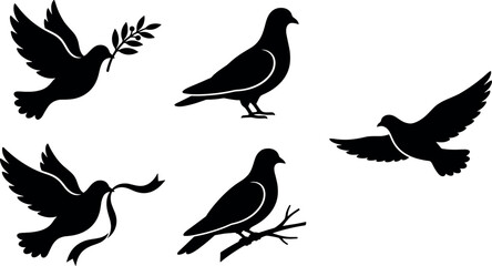 Obraz premium Peace dove and pigeon silhouette vector collection featuring flying birds with olive branch ceremonial ribbon and perching on a twig symbols