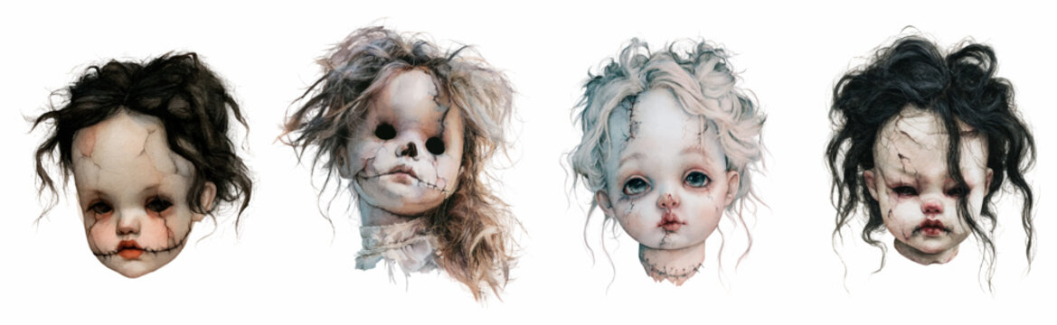 Creepy doll heads with damaged faces, stitched mouths, and messy hair creating a disturbing halloween horror theme, evoking fear and macabre nursery rhymes