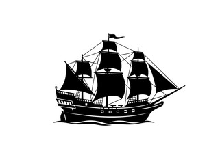 Vintage sailing ship silhouette, antique pirate vessel vector icon, black nautical galleon on white background, classic maritime transport © Mahmoodulhassan