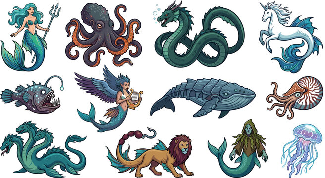 Mythological sea monster and aquatic creature vector sticker set featuring cartoon illustrations of kraken mermaid hippocampus sea serpent hydra siren and marine beasts