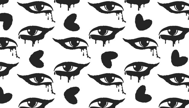 Crying eyes pattern background with black graphic elements and tears