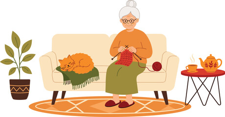 Fototapeta premium Cozy Home Leisure Vector Scene with Grandmother Knitting on Sofa beside Sleeping Cat and Hot Tea for Retirement Hobby Graphic Designs
