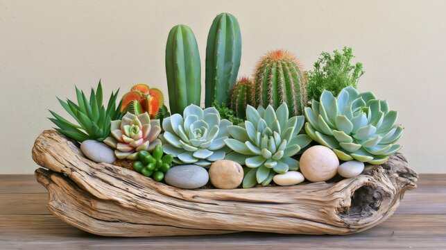 Succulent and cactus arrangement in a natural driftwood planter