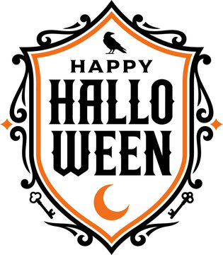 Elegant halloween greeting card design featuring a decorative vintage shield with orange crescent moon and mysterious black raven vector illustration