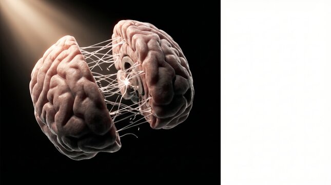 Two brains connected by neural pathways symbolizing communication, collaboration, consciousness