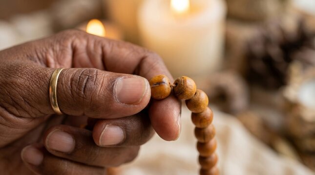 Hand holding wooden prayer beads in spiritual contemplation