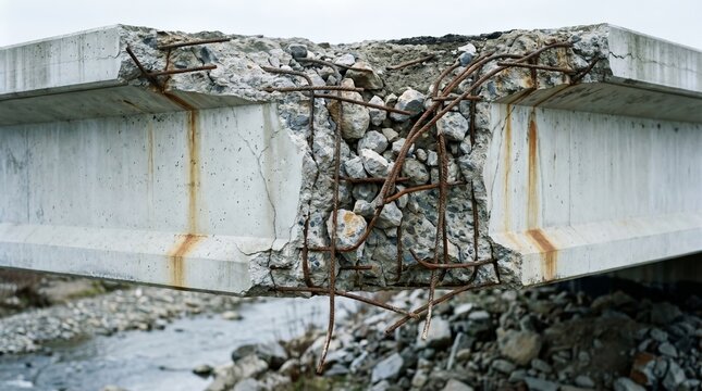 Corroded rebar exposed through deteriorating concrete bridge infrastructure