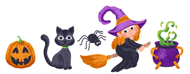 Obraz premium Halloween holiday hand drawn set with cute witch flying on broom, pumpkin and cauldron. Autumn helloween elements for design