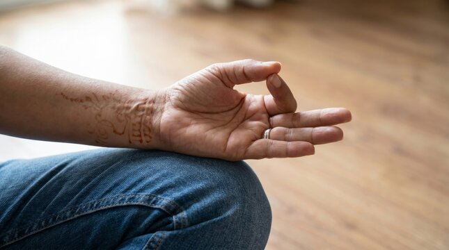 Person sitting in meditation pose with open palm gesture on wooden floor
