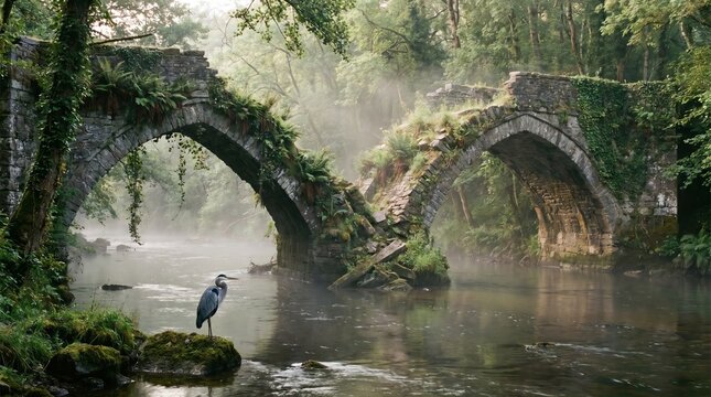 Heron stands on rock beneath ancient stone arches in misty forest stream