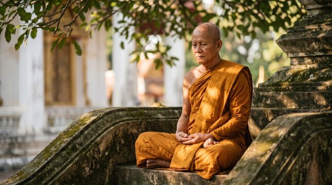 Buddhist monk meditating on ancient stone steps at temple