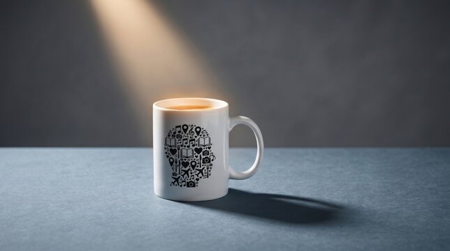White mug with head silhouette design filled with coffee on gray surface