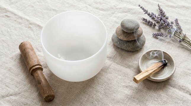 Spa wellness arrangement with mortar, stones, lavender on linen
