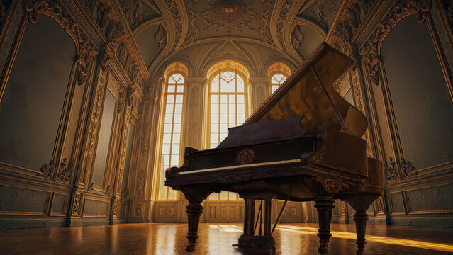 Grand Piano in a Golden-Lit Baroque Palace Hall